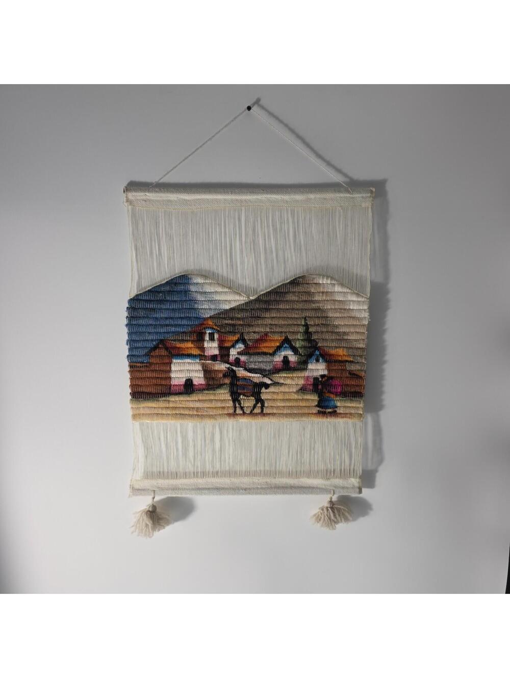 Vintage Peruvian Wool Hand Woven Tapestry Donkey Mountain Village 23" H 18" W